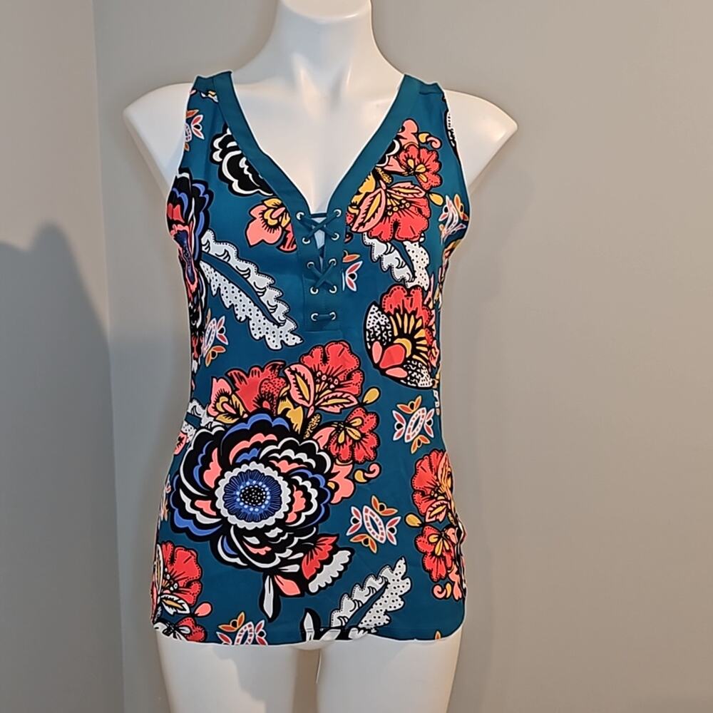 Express Teal Blue Multi-Floral Lace-Up Sleeveless Blouse Women’s Size Small
